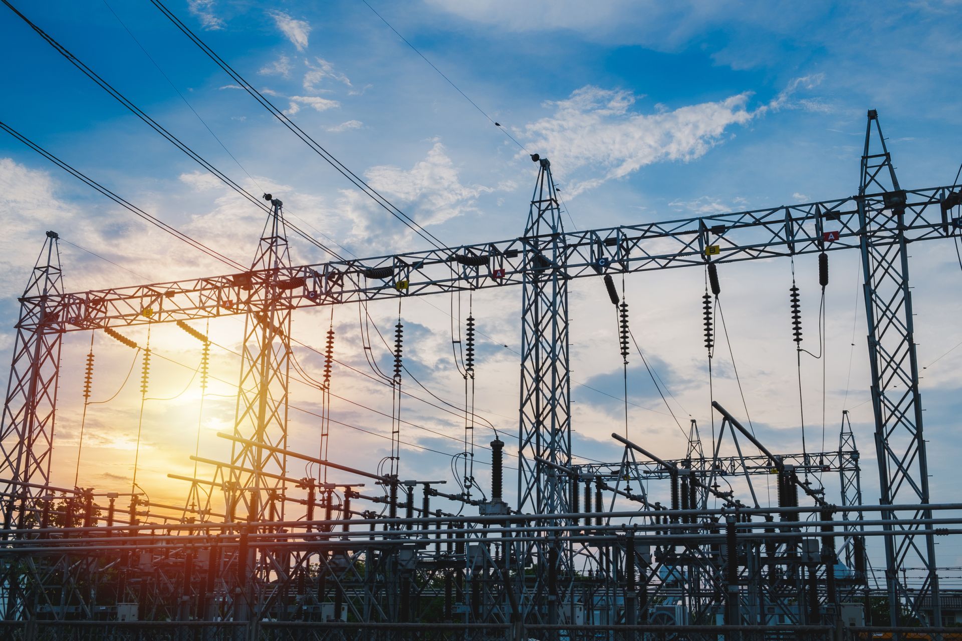 High-voltage electrical substation at sunset operated by SHAD Global